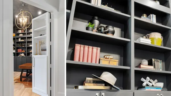 Charcoal built-in shelves beside a doorway