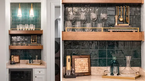 Coffee bar with deep green tile and wood shelves
