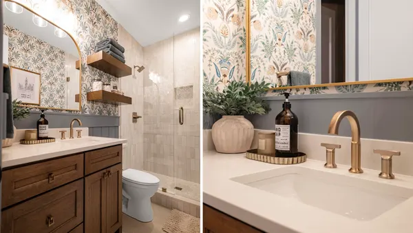 Bath with botanical wallpaper, floating wood shelves and a glass shower