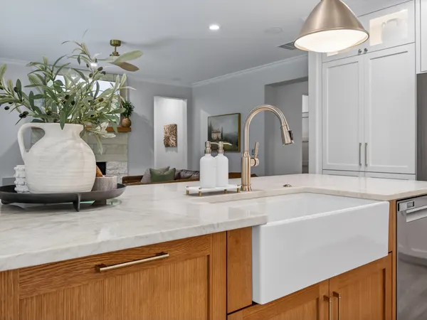Farmhouse sink and brass faucet set in the wood island