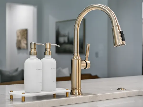 Brass faucet on the island countertop